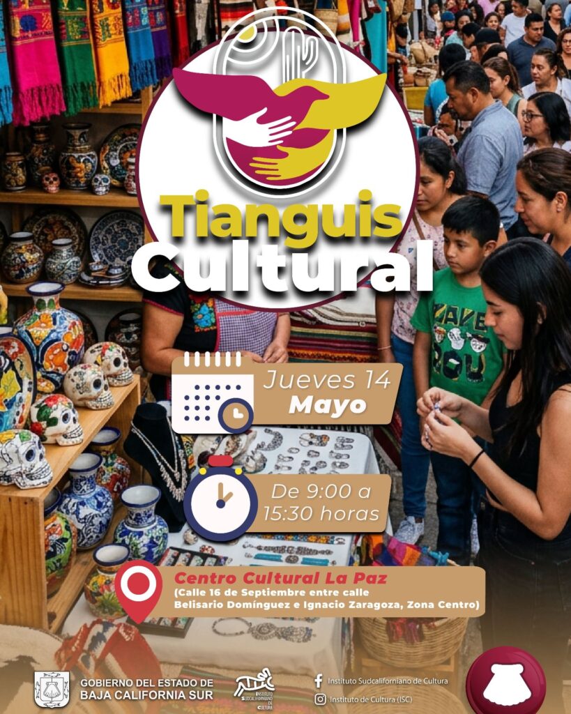 Poster for Tianguis Cultural showing a colorful market with pottery skulls and a crowd; includes date and location text on overlay.