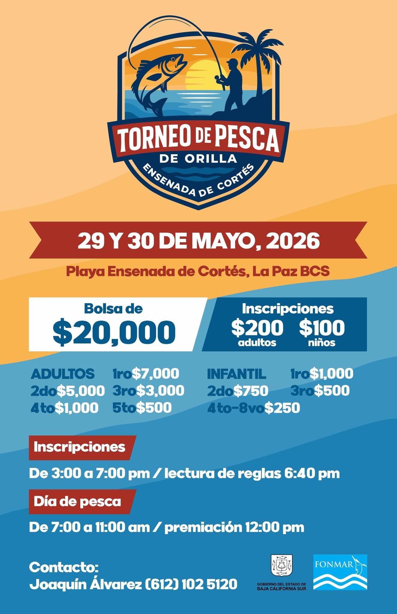 Torneo de pesca de orilla 2 - Gringo Gazette Poster for Torneo de Pesca de Orilla: date, location (Playa Ensenada de Cortés, La Paz) and event details in Spanish inside a colorful banner.