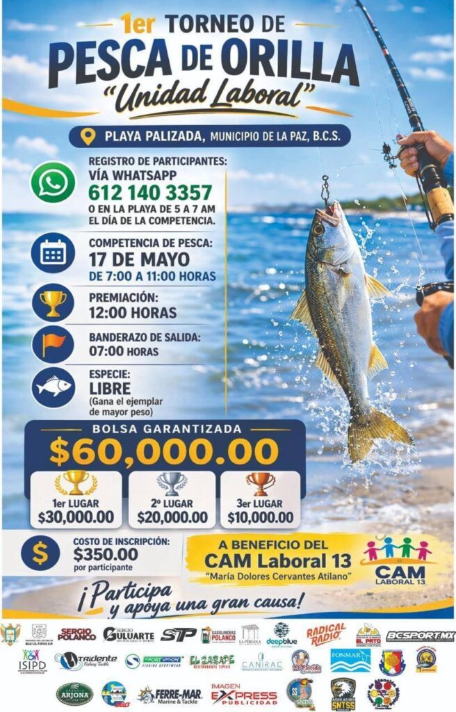 Poster for the 1er Torneo de Pesca de Orilla Unidad Laboral, with date, location and prize info (Playa Palizada).