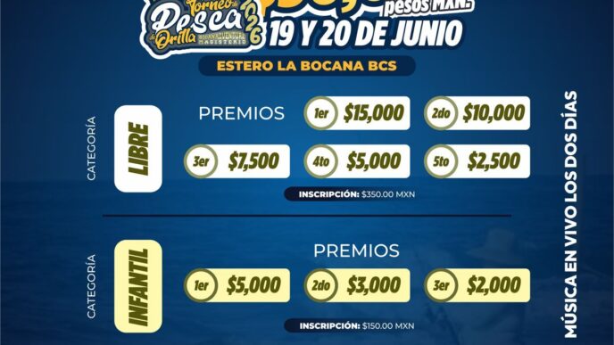 Poster promocional de torneo de pesca con premios de 50,000 MXN, fechas 19 y 20 de junio, lugar Estero La Bocana, BCS, México.