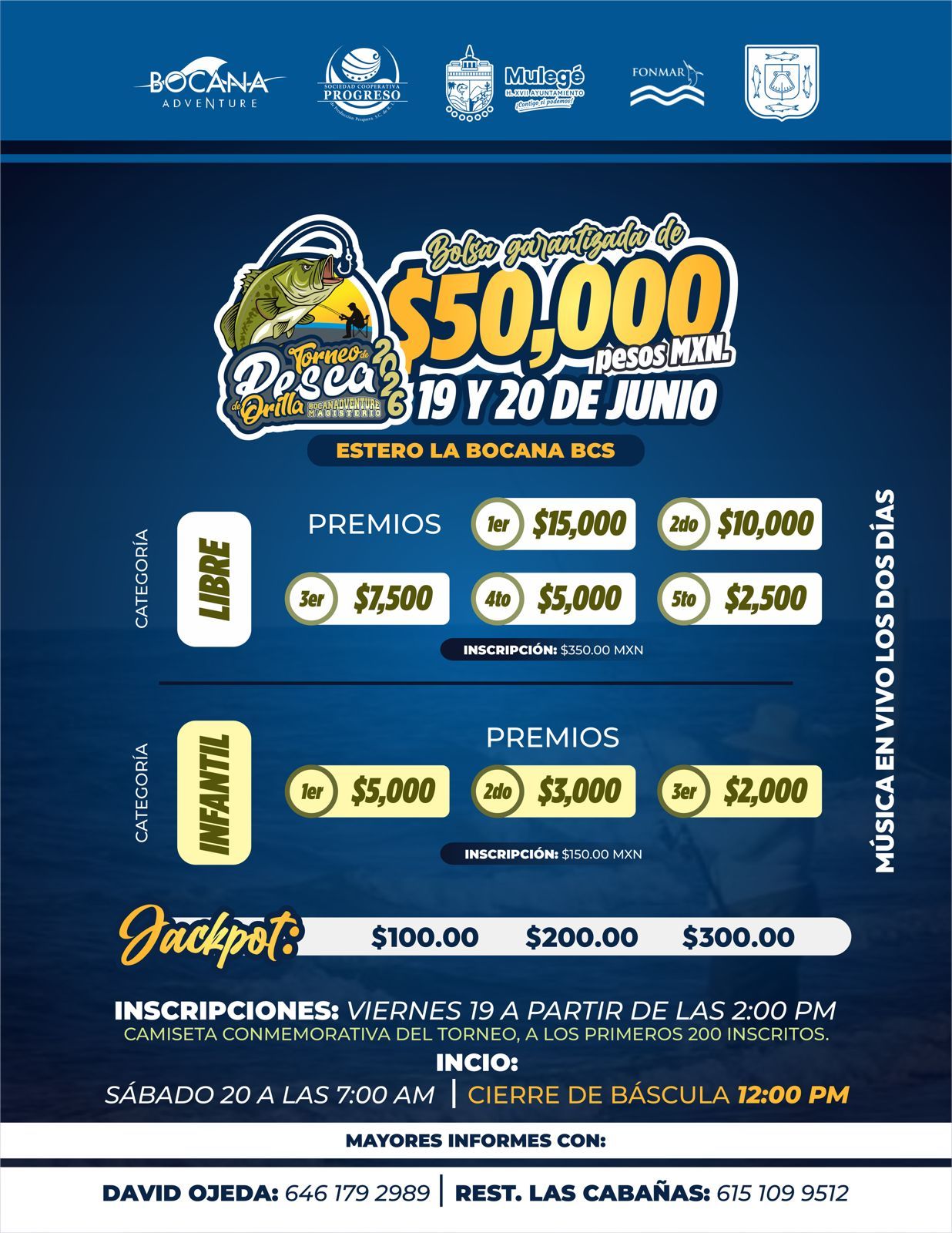 Poster promocional de torneo de pesca con premios de 50,000 MXN, fechas 19 y 20 de junio, lugar Estero La Bocana, BCS, México.