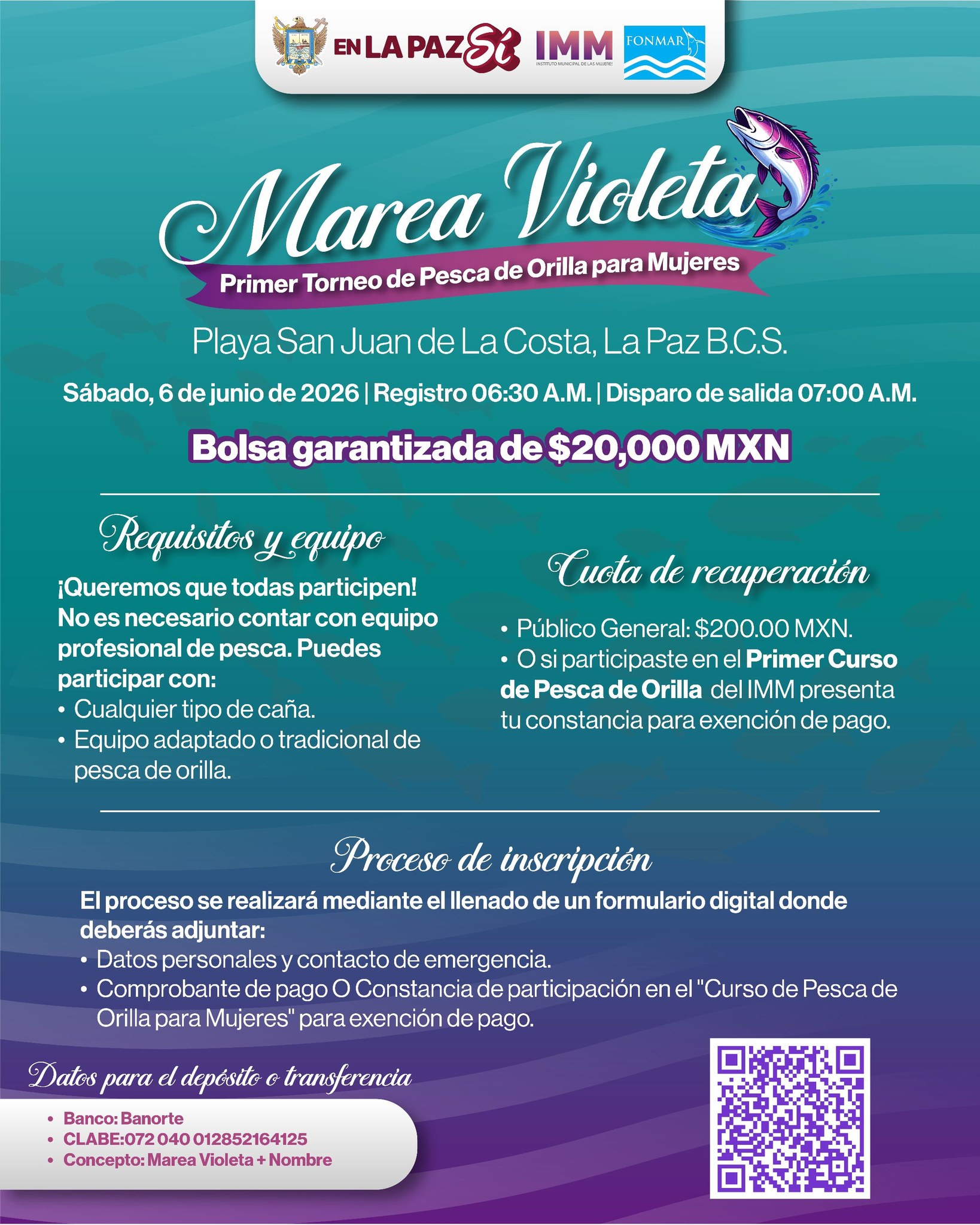 Poster announcing Marea Violeta, primer torneo de pesca de orilla para mujeres, en La Paz, Baja California Sur (San Juan de La Costa).
