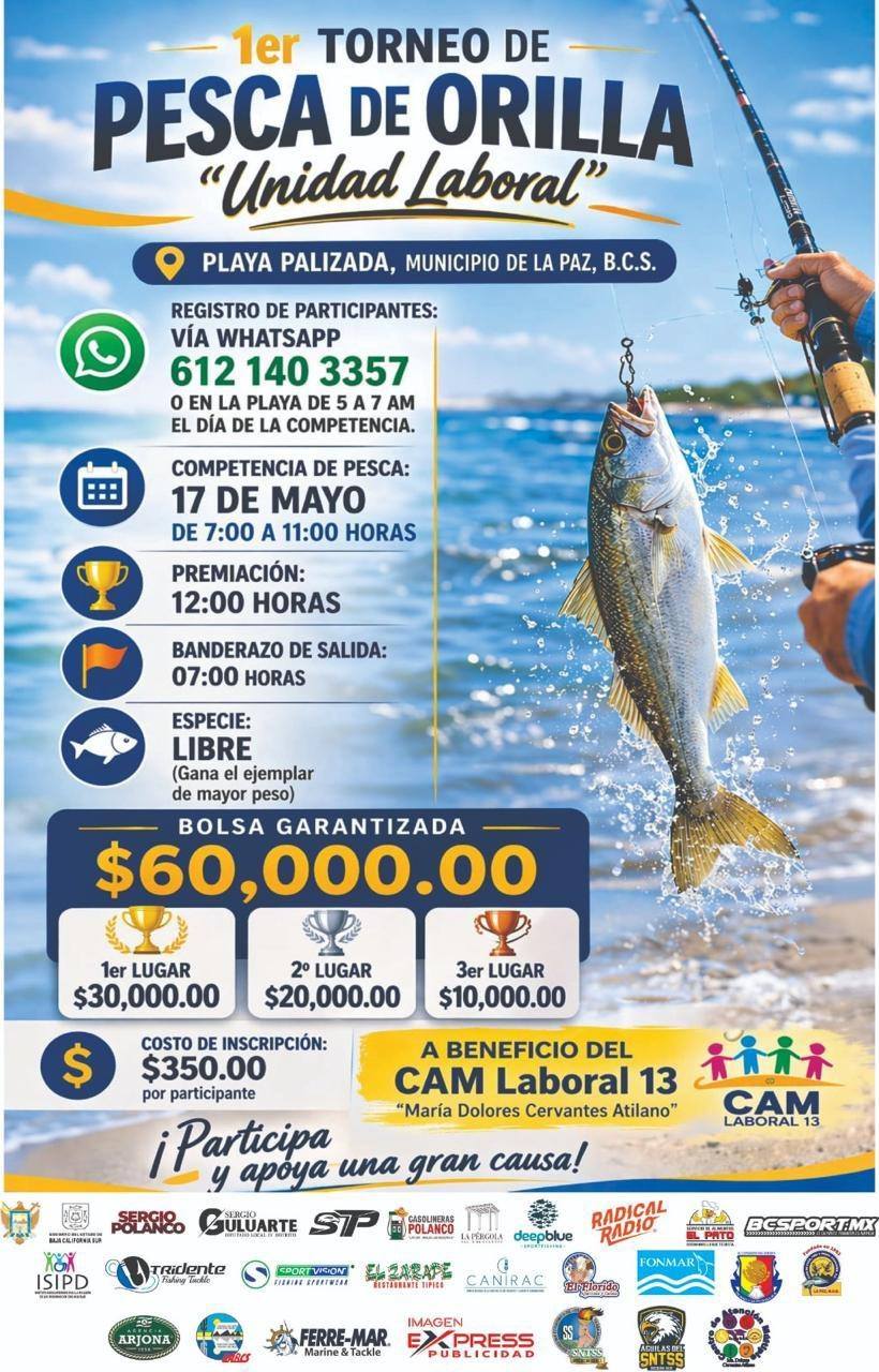 Poster for the 1er Torneo de Pesca de Orilla Unidad Laboral, with date, location and prize info (Playa Palizada).
