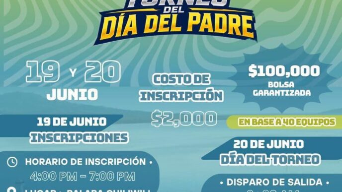 Cartel promocional de un torneo de pesca: Torneo del Día del Padre, 19–20 de junio, con premios y inscripción en Palapa Chiliwili, Puerto / costa marina