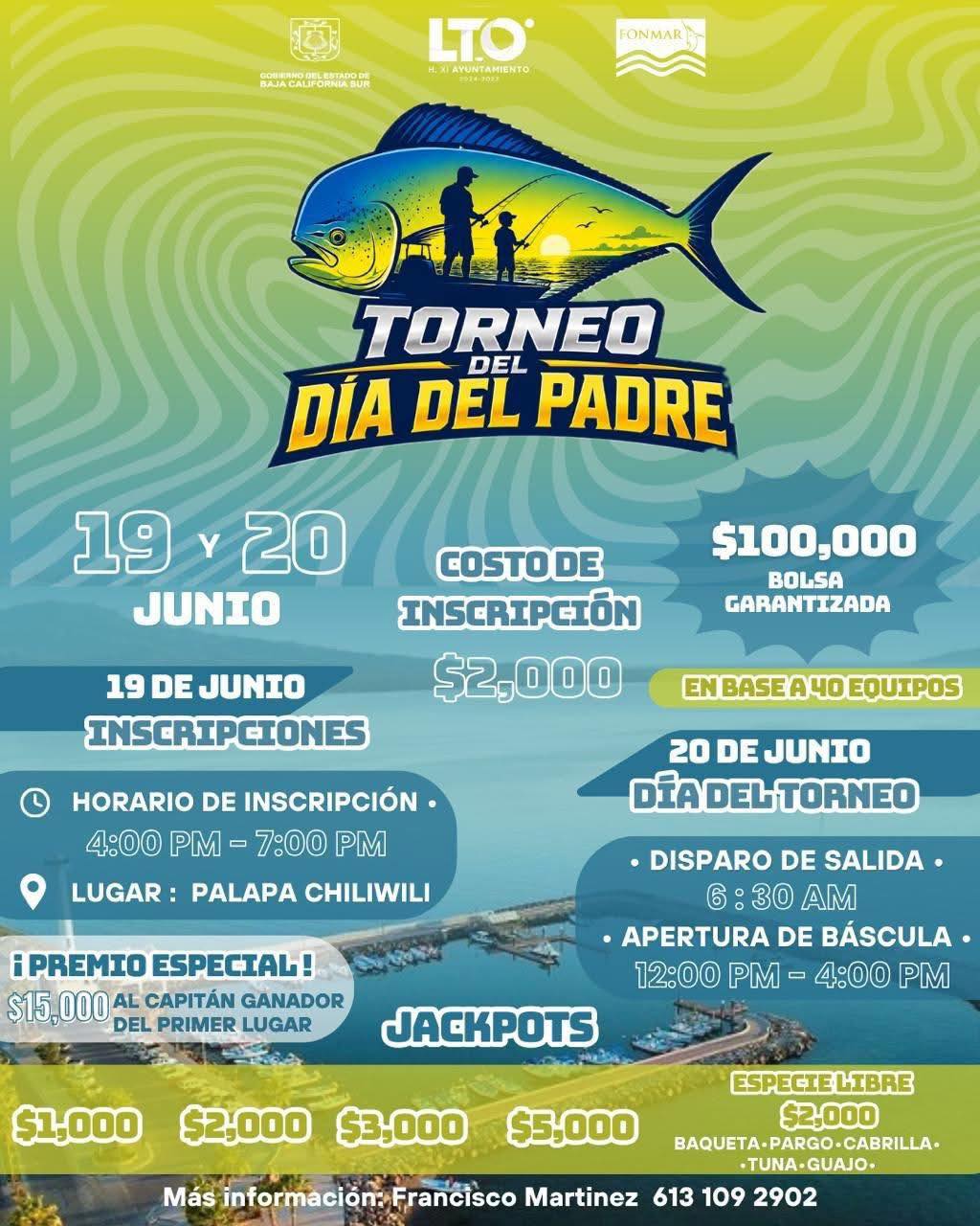 Cartel promocional de un torneo de pesca: Torneo del Día del Padre, 19–20 de junio, con premios y inscripción en Palapa Chiliwili, Puerto / costa marina