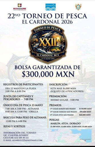 Poster for the 22nd Torneo de Pesca El Cardonal 2026 featuring a central emblem, sponsor logos, and the prize of 300,000 MXN plus event details and schedule in Spanish.