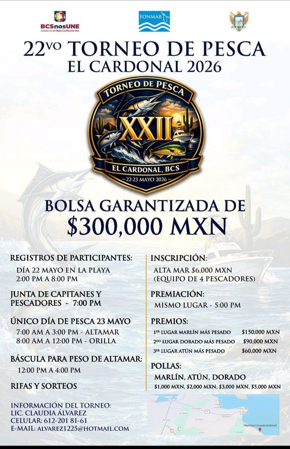 Poster for the 22nd Torneo de Pesca El Cardonal 2026 featuring a central emblem, sponsor logos, and the prize of 300,000 MXN plus event details and schedule in Spanish.