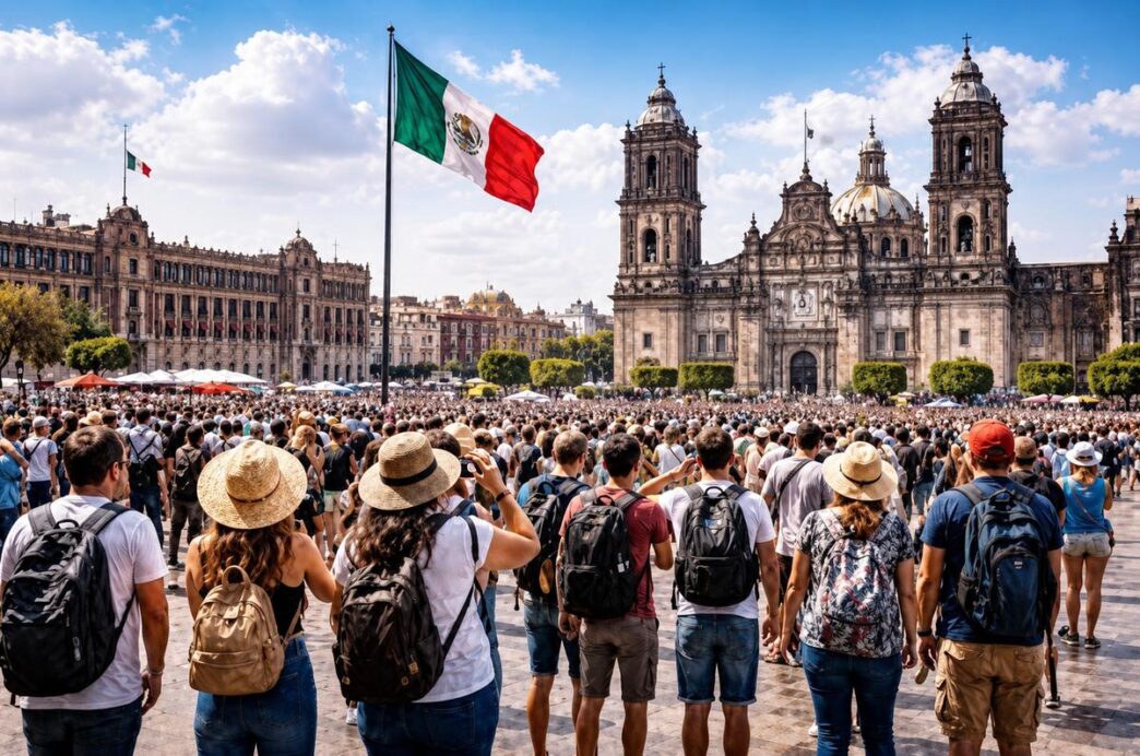Large crowd of tourists with backpacks and sun hats in Mexico City's Zócalo, with the Metropolitan Cathedral in the background and a tall Mexican flag above.