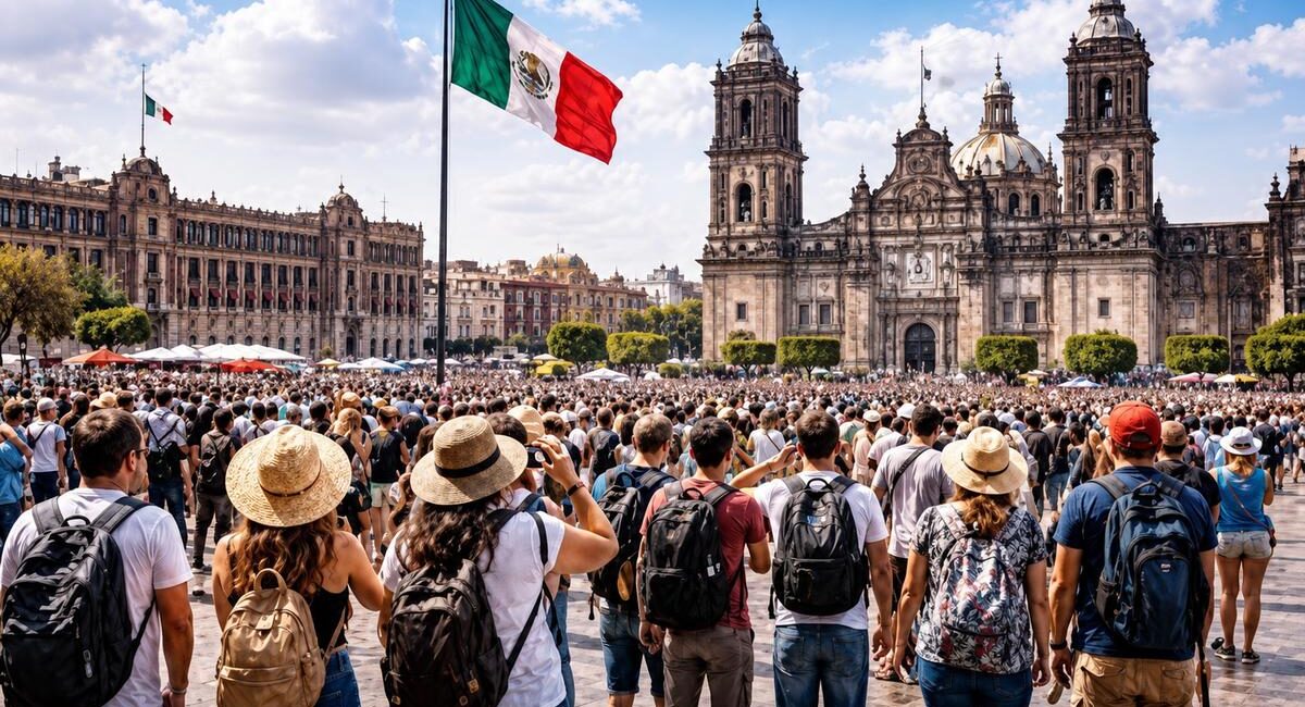 Large crowd of tourists with backpacks and sun hats in Mexico City's Zócalo, with the Metropolitan Cathedral in the background and a tall Mexican flag above.
