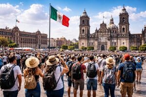 Large crowd of tourists with backpacks and sun hats in Mexico City's Zócalo, with the Metropolitan Cathedral in the background and a tall Mexican flag above.