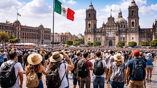 Large crowd of tourists with backpacks and sun hats in Mexico City's Zócalo, with the Metropolitan Cathedral in the background and a tall Mexican flag above.