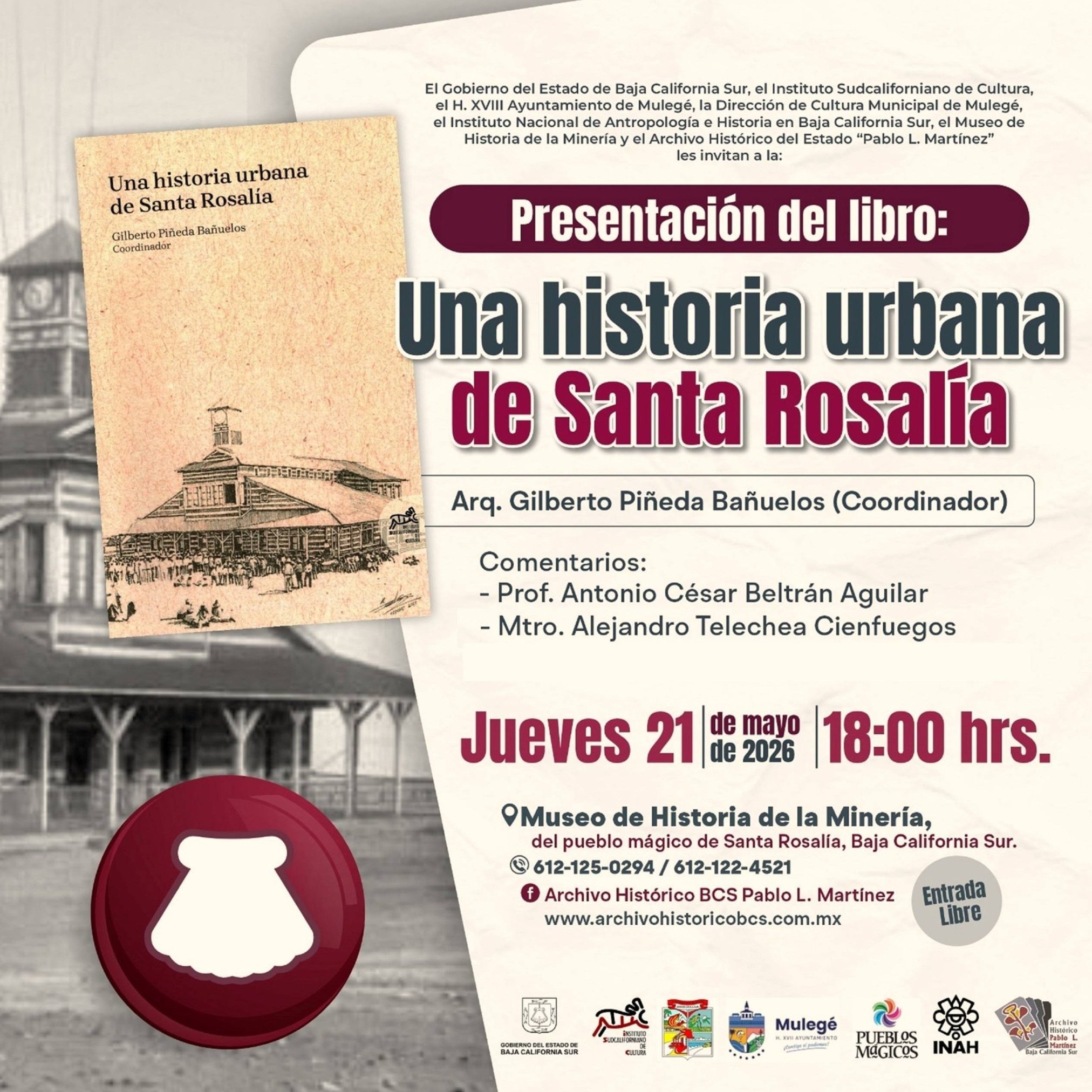 Poster announcing the book presentation 'Una historia urbana de Santa Rosalía' with event details in Spanish.