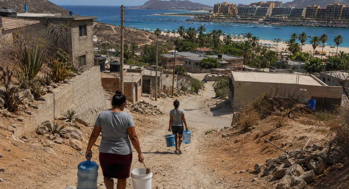Two women walking down a rocky dirt road carrying large water jugs toward a coastal town and beach. Proximity to ocean and hotels hints at a seaside community effort to fetch water.
