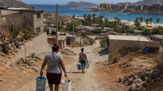 Two women walking down a rocky dirt road carrying large water jugs toward a coastal town and beach. Proximity to ocean and hotels hints at a seaside community effort to fetch water.