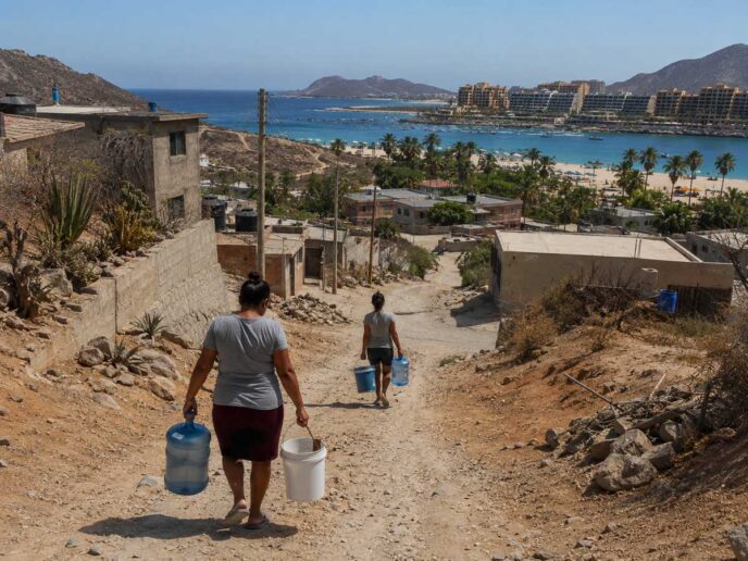 Two women walking down a rocky dirt road carrying large water jugs toward a coastal town and beach. Proximity to ocean and hotels hints at a seaside community effort to fetch water.