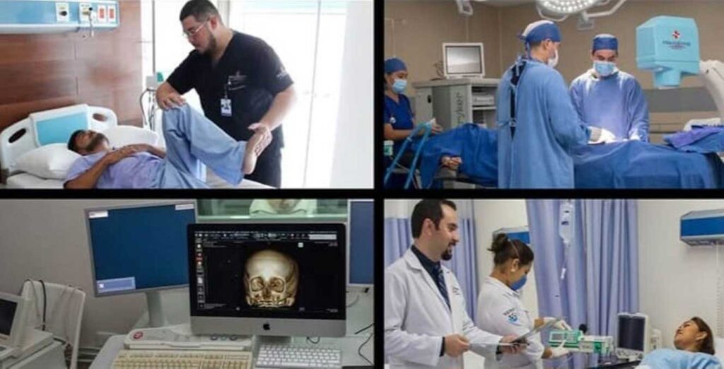 collage of four medical scenes: patient in bed with nurse assisting, surgical team in an operating room, MRI/CT imaging on a monitor, and doctors attending to a patient in a hospital room.