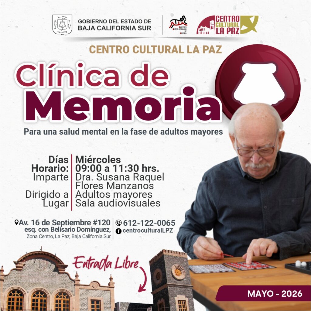 Poster for Centro Cultural La Paz announcing 'Clínica de Memoria' for adult seniors' mental health with logos and an elderly man at a game board.