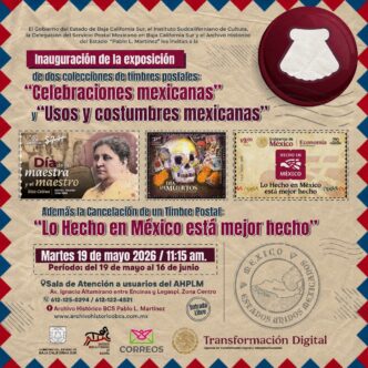 Poster advertising an exhibition of Mexican postage stamp collections: 'Celebraciones mexicanas' and 'Usos y costumbres mexicanas', with three stamp images, date May 19, 2026, and venue details.