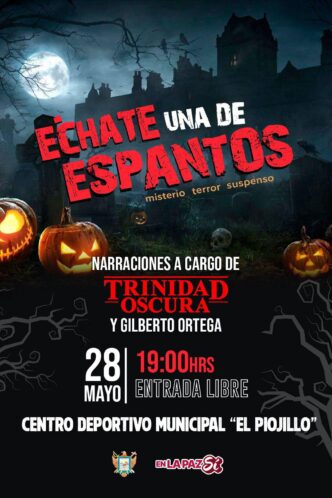 Evento de Halloween: cartel con luna llena, calabazas y casa embrujada; texto destacado dice 'Échate una de espantos' y 'Trinidad Oscura' con fechas y lugar del evento.