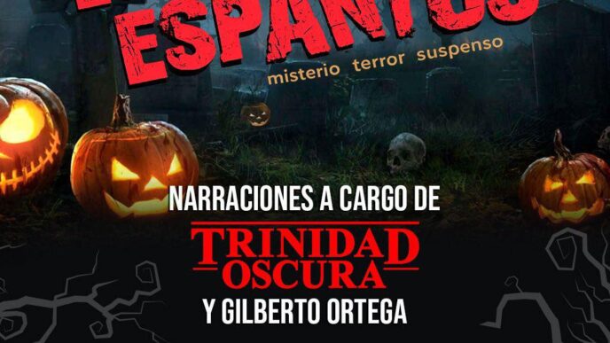 Evento de Halloween: cartel con luna llena, calabazas y casa embrujada; texto destacado dice 'Échate una de espantos' y 'Trinidad Oscura' con fechas y lugar del evento.