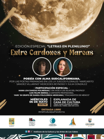 Póster del evento 'Entre Cardones y Mareas' con luna llena de fondo, dos retratos y detalles: 6 de mayo, 7:00 PM, entrada libre.