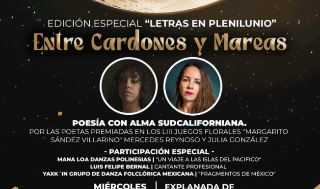 Póster del evento 'Entre Cardones y Mareas' con luna llena de fondo, dos retratos y detalles: 6 de mayo, 7:00 PM, entrada libre.