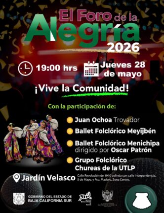 Cartel promocional de un foro cultural con confeti y texto grande; muestra horarios, fecha y bailarines al frente.