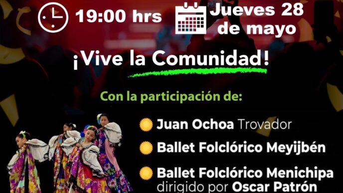 Cartel promocional de un foro cultural con confeti y texto grande; muestra horarios, fecha y bailarines al frente.