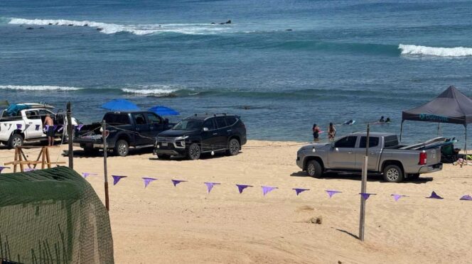Cars and trucks parked on a sandy beach beside the ocean, with purple pennant flags in the foreground.