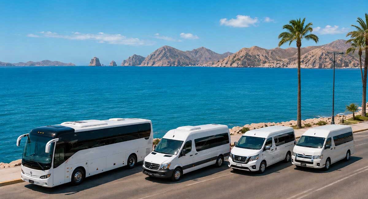 Line of white passenger vehicles—a tour bus and vans—parked along a coastal road by blue sea, with palm trees and rocky hills in the distance.