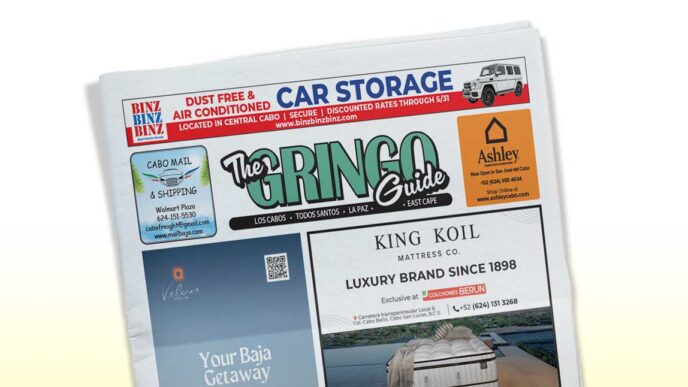 Tilted newspaper front page with The Gringo Guide masthead and various ads, including King Koil mattress and Ashley furniture logos.