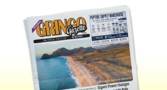 Front page of Gringo Gazette with a coastal aerial photograph and the headline 'Expect Power Outages'