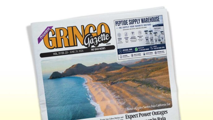 Front page of Gringo Gazette with a coastal aerial photograph and the headline 'Expect Power Outages'