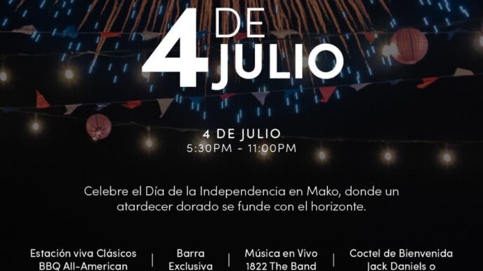 Poster promoting Mako's 4 de Julio celebration with fireworks, bunting, and crowd scene behind event details (5:30 PM–11:00 PM, $120). Please note location: Mako.