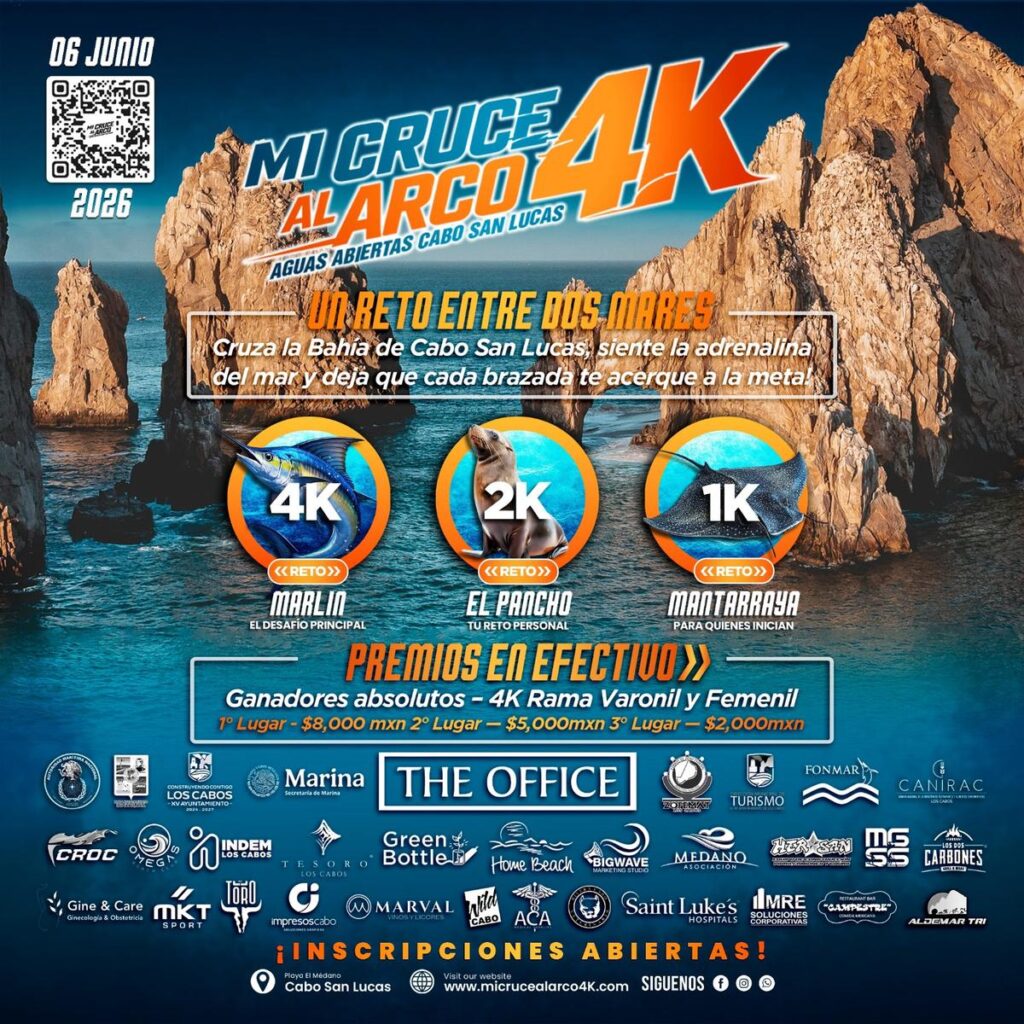 Promotional poster for a 4K challenge at Cabo San Lucas with rocky cliffs and ocean, showing prize categories and sponsors.