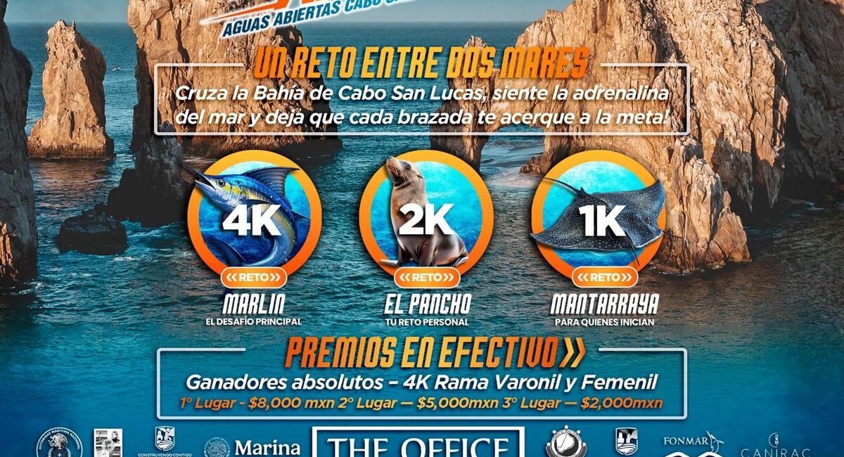 Promotional poster for a 4K challenge at Cabo San Lucas with rocky cliffs and ocean, showing prize categories and sponsors.