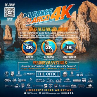 Promotional poster for a 4K challenge at Cabo San Lucas with rocky cliffs and ocean, showing prize categories and sponsors.
