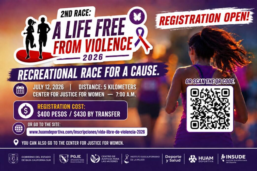 Poster advertising the 2nd race 'A Life Free From Violence'—a 5 km fun/run for a cause with registration info, date, and a QR code on the right.