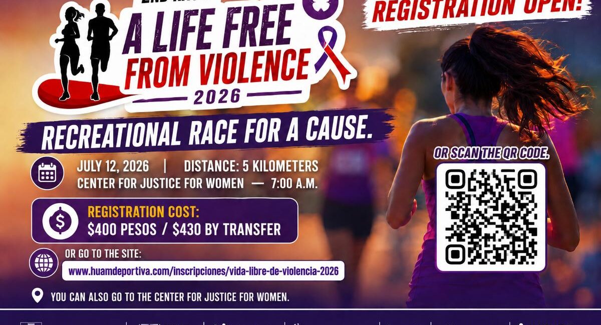 Poster advertising the 2nd race 'A Life Free From Violence'—a 5 km fun/run for a cause with registration info, date, and a QR code on the right.