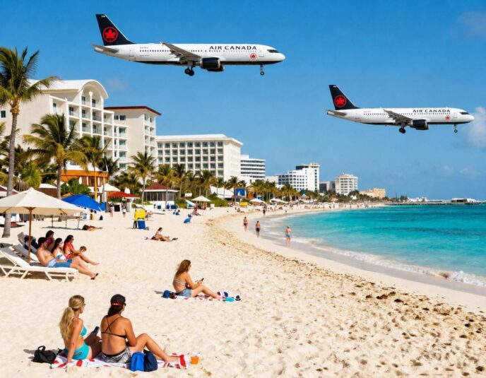 Two Air Canada airplanes fly low over a sunny tropical beach with sunbathers and palm‑lined hotels along the shore.