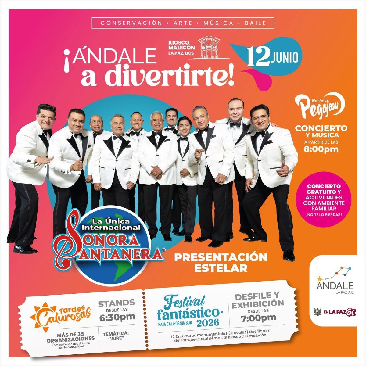 Cartel promocional de un concierto de Sonora Santanera con una fila de músicos con smoking blancos, fondo rosa-naranja y fecha 12 de junio.