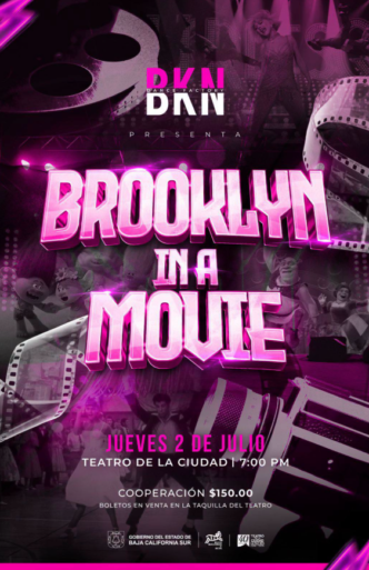 Poster for 'Brooklyn in a Movie' with neon pink title and film reel graphics; includes date, venue (Teatro de la Ciudad), time (7:00 PM) and ticket price ($150).