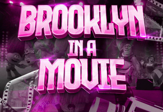 Poster for 'Brooklyn in a Movie' with neon pink title and film reel graphics; includes date, venue (Teatro de la Ciudad), time (7:00 PM) and ticket price ($150).