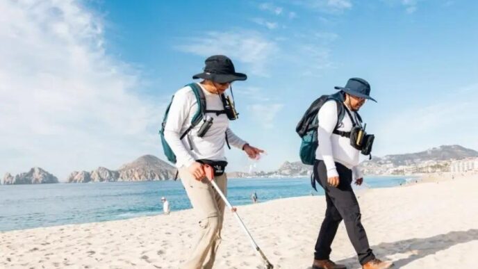 Two people in hats and backpacks walk along a sunny beach, one using a metal detector search for items in the sand.