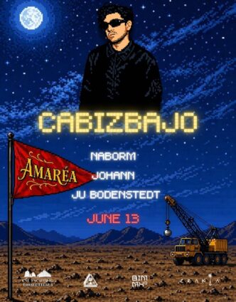 Poster-style image: a man in sunglasses above a glowing pixelated title, white names, and a red desert landscape with a construction crane and a yellow truck beneath. June 13 is shown in red text.