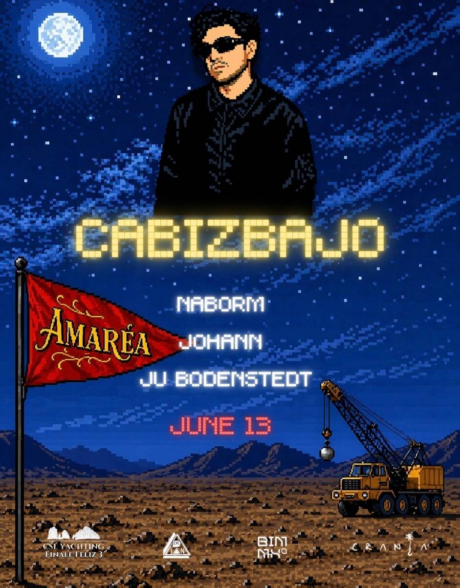 Poster-style image: a man in sunglasses above a glowing pixelated title, white names, and a red desert landscape with a construction crane and a yellow truck beneath. June 13 is shown in red text.