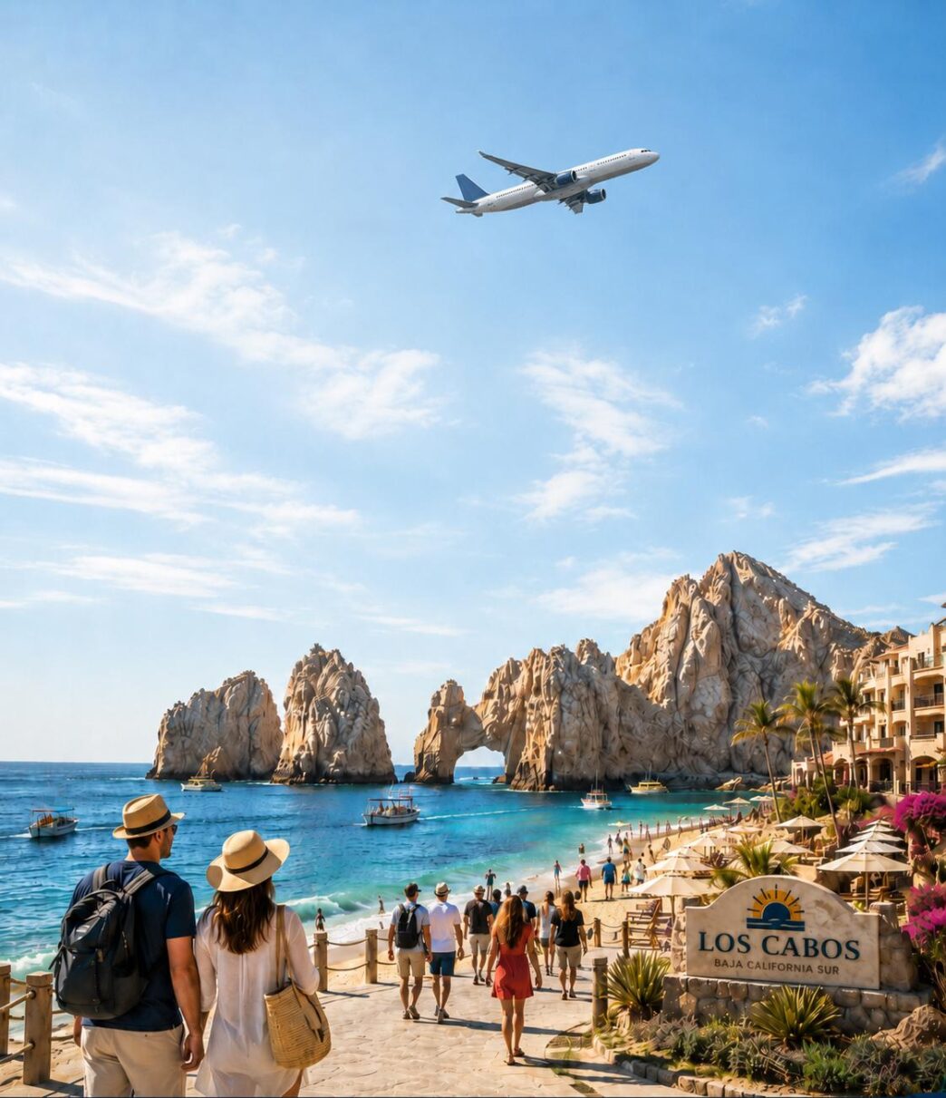 Cabo-Tourism - Gringo Gazette Beach scene in Los Cabos with rock formations, blue ocean, and people strolling along a promenade toward the water; sign shows Los Cabos, Baja California Sur.