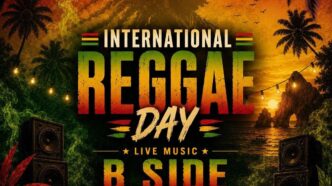 Poster advertising International Reggae Day with a tropical sunset, palm trees, and speakers; features bold ‘REGGAE DAY’ text and Cabo Drink logo.