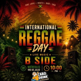 Poster advertising International Reggae Day with a tropical sunset, palm trees, and speakers; features bold ‘REGGAE DAY’ text and Cabo Drink logo.