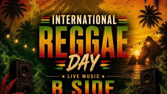 Poster advertising International Reggae Day with a tropical sunset, palm trees, and speakers; features bold ‘REGGAE DAY’ text and Cabo Drink logo.